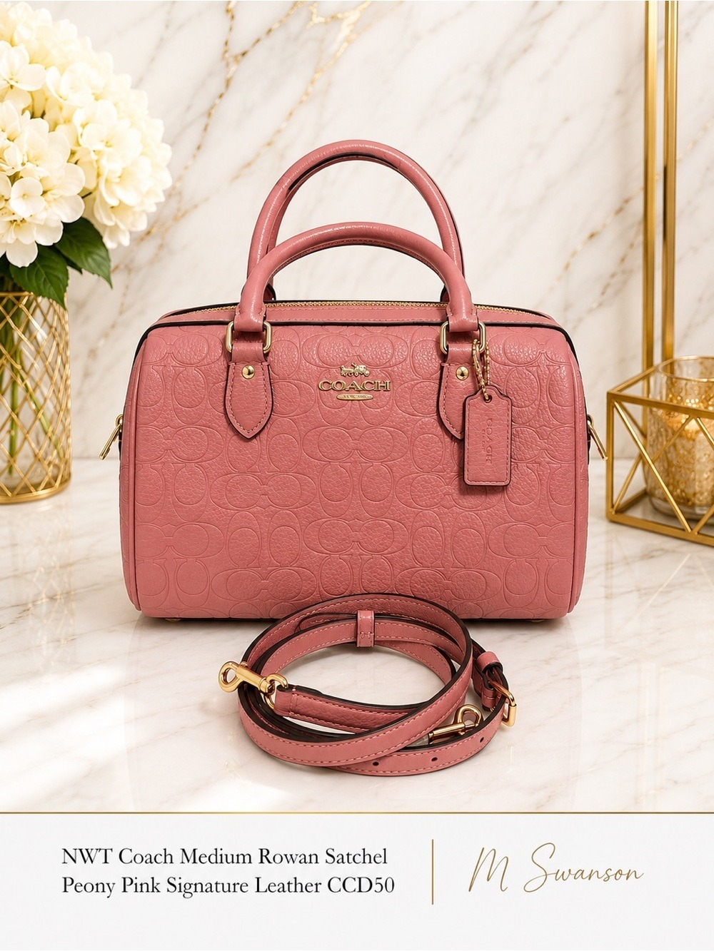 NEW Coach Medium Rowan Satchel Peony Pink Signature Refined Pebble Leather CCD50